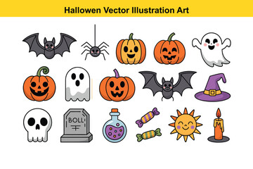Halloween Cute Spooky Vector Illustration Art Set - Holiday Icons