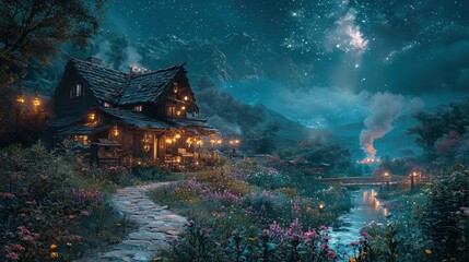 A rustic, dark-wood house nestled in a vibrant, flowering valley under a breathtaking night sky, illuminated by soft lanterns. A stone path leads to a small bridge over a gentle stream
