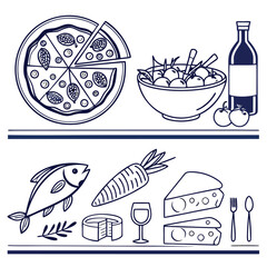 blue and white simple doodle food icons minimal style