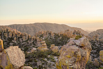 Wide view of Chiricahua National Monument at sunset