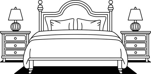 Illustration of a bedroom with a bed nightstands and lamps in a black and white color scheme