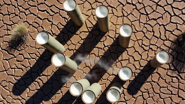 Clay Tube Wind Towers with Cooling Exhaust Trails on Cracked Desert Ground

