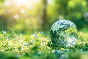 Crystal globe of Earth nestled in lush green moss, bathed in sunlight