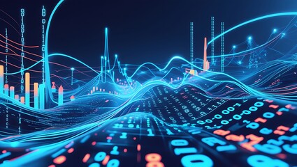 Abstract data wave with binary code and charts