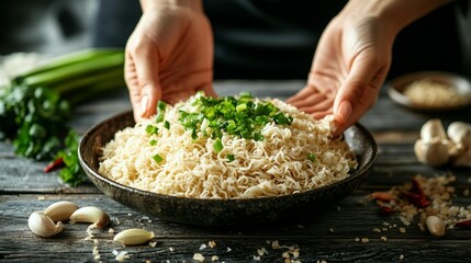 Hands gently holding a bowl of cooked noodles