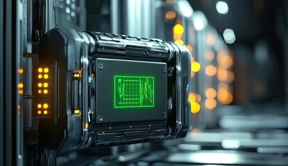 Futuristic, metallic device with a glowing green display