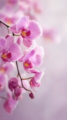 Obraz premium Stunning photo of delicate pink soft background featuring orchid flowers Floral greeting card spring concept with Copy space.