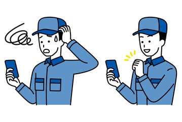 スマートフォンを操作するつなぎ作業服の男性のセット（失敗 / 成功）