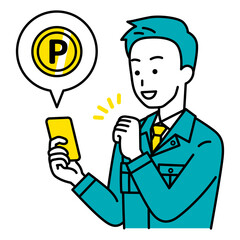 スマートフォンポイントをゲットする作業員の男性