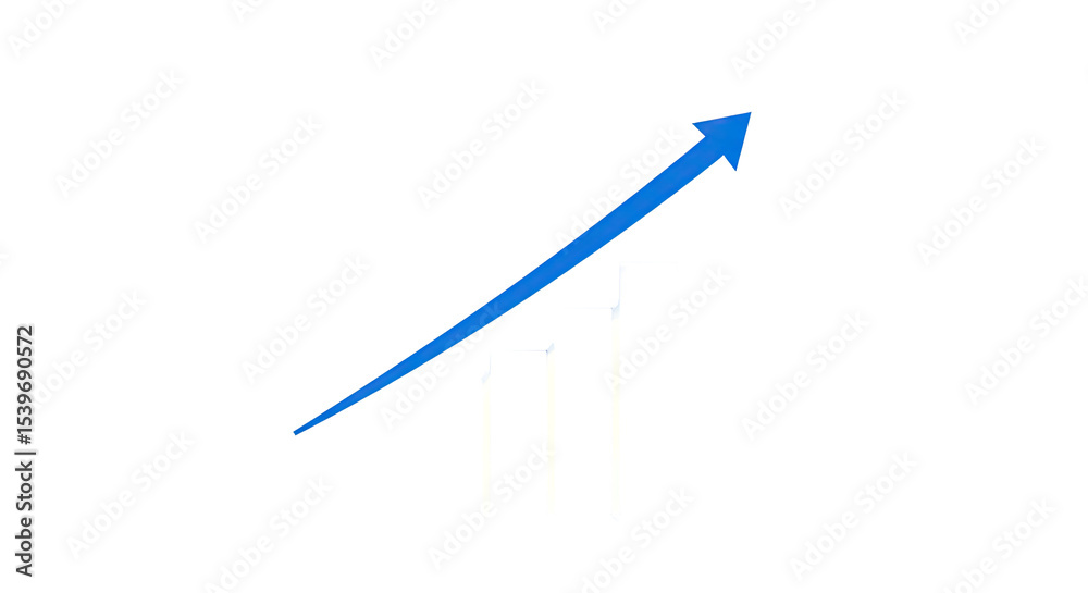 Poster blue arrow pointing upwards with a bar chart, symbolizing growth and progress on black.