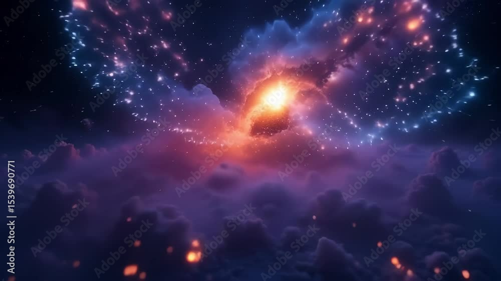 Wall mural ethereal 4k timelapse of glowing particles coalescing and dissipating in a shimmering cosmic nebula 