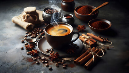 cup of espresso with coffee beans, cinnamon and anise 