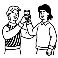 Two people cheering with drinks black and white drawing