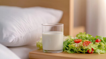 Fresh salad and warm milk on wooden nightstand with soft pillow, healthy sleep diet concept, balanced nutrition for good night rest, wellness and self care lifestyle.