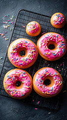 Glazed and decorated donuts, showcasing a variety of flavors and toppings, with vibrant icing colors, perfect for a sweet treat or dessert	