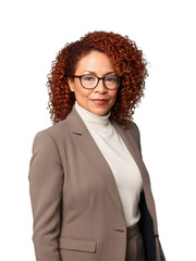mixed ethnicity woman aged 40-50 years old, wearing casual clothes, looking confident with glasses, with curly hair and red hair.
