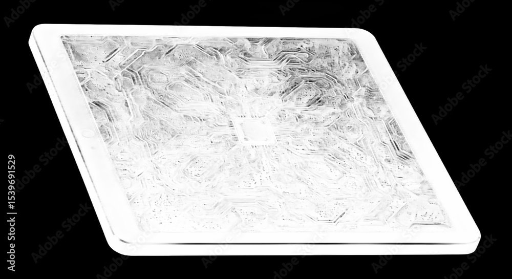 Poster Futuristic tablet with circuit board design on screen, isolated on a black background