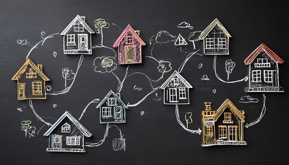 Network of colorful houses connected by chalk lines drawn on a dark surface with trees and clouds