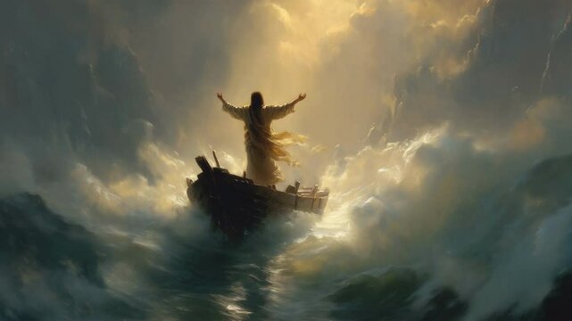 A robed figure raises arms to calm raging waves atop a ship, surrounded by golden clouds pierced by divine light