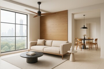 Fototapeta premium Minimalist modern living room interior with beige sofa, wood wall panel, and dining area in soft natural light overlooking cityscape skyline view.