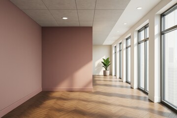 Fototapeta premium Modern empty interior with large windows, wooden herringbone floor, pink accent wall, and potted plant in natural sunlight. Ai generative.