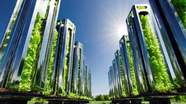 Innovative Vertical Farming System With Green Plants Under Clear Blue Sky And Bright Sunlight