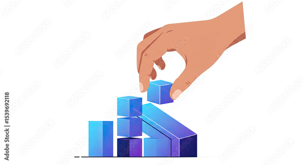 Poster Hand placing a blue cube on a stack of blocks, symbolizing growth and progress.