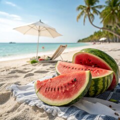 Watermelon Slices on Sandy Shore, Tropical Paradise, Food Photography, Relaxing Atmosphere