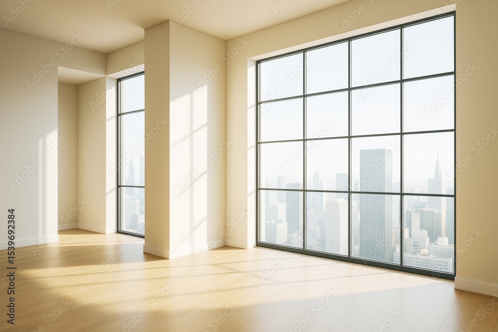 Poster Spacious modern empty room with large windows and city skyline view, filled with sunlight and minimalistic architecture interior design concept.