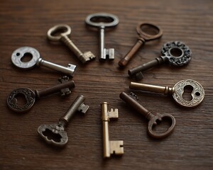 A collection of antique keys arranged in a circular pattern on a dark wooden surface creating a vintage look