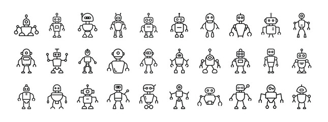 Robot Line Icon Set – Friendly AI, Tech Characters, and Futuristic Designs