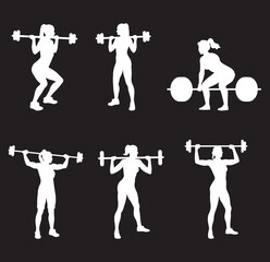 Six Silhouettes of Female Weightlifters in Various Poses on Transparent Background. EPS 10.