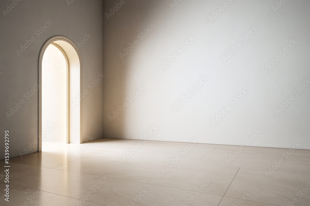 Poster minimalist empty interior room with arched doorway and soft natural light on beige tiled floor and c