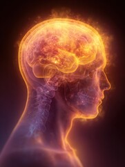 Overheated Brain Symbol Glows Brightly Inside a Human Head Surrounded by Soft Gradients and Vivid Colors