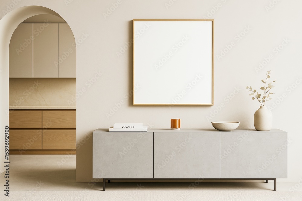 Poster modern minimalist interior with blank square frame above a concrete cabinet in neutral tones, perfec