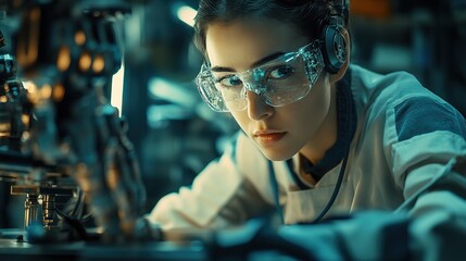 A cybernetic factory worker with a robotic arm, assembling high-tech machinery