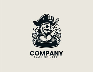 Fototapeta premium Cheerful shrimp pirate mascot character with pirate hat and hook hand designed as colorful vector logo illustration