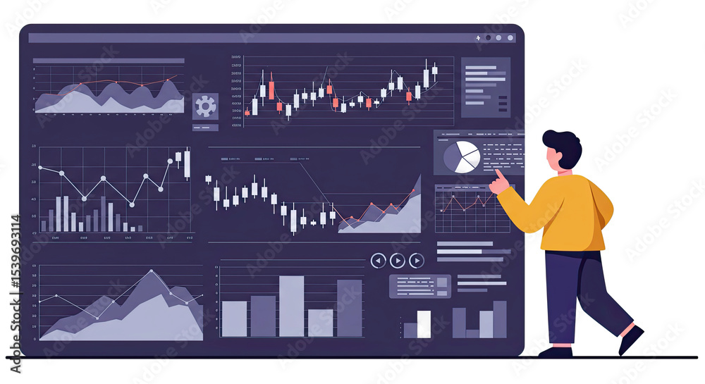Poster illustration of a person analyzing financial data on a large digital screen