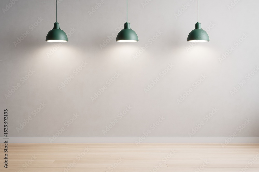 Poster modern empty interior room with three ceiling lights and wooden floor for branding or design mockup 