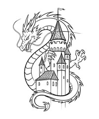 A dragon curled around a castle tower
