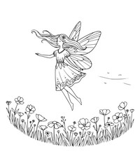 A fairy flying over a flower field