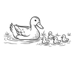 A duck teaching chicks how to swim