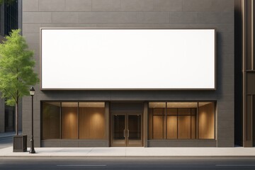 Blank white billboard on dark modern building facade with empty glass storefront and wooden interior, ideal for branding or advertisement mockup.