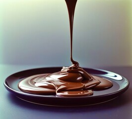 A plate of chocolate sauce is poured over a plate of chocolate