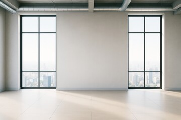 Fototapeta premium Empty contemporary interior room with large windows and urban cityscape background, ideal for architectural mockup or blank wall branding concept.