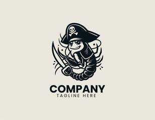 A fresh and playful shrimp pirate mascot character with eyepatch and bandana in bold vector logo illustration style
