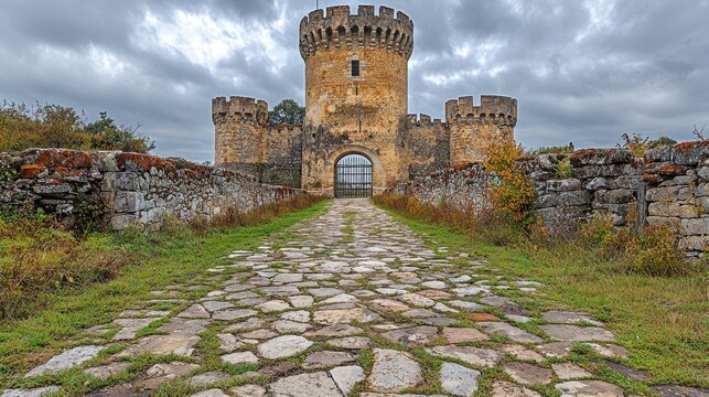 A stone castle with a large gate stands at the end of a cobblestone path, surrounded by low stone walls and autumnal vegetation under a dramatic, cloudy sky