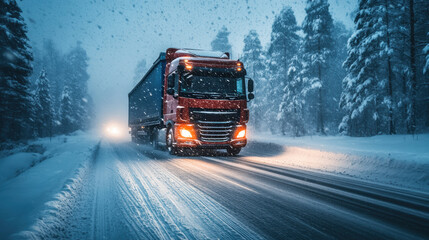 Vintage red pickup navigating moonlit snowscape, pine trees lining frosty road under soft lunar glow and falling snowflakes