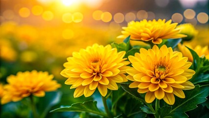 Vibrant yellow dahlia flowers blooming in field with soft evening sunlight and green leaves