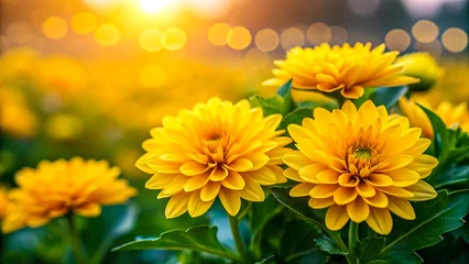 Fotobehang Zorgcentrum Vibrant yellow dahlia flowers blooming in field with soft evening sunlight and green leaves   © amanullahkhan